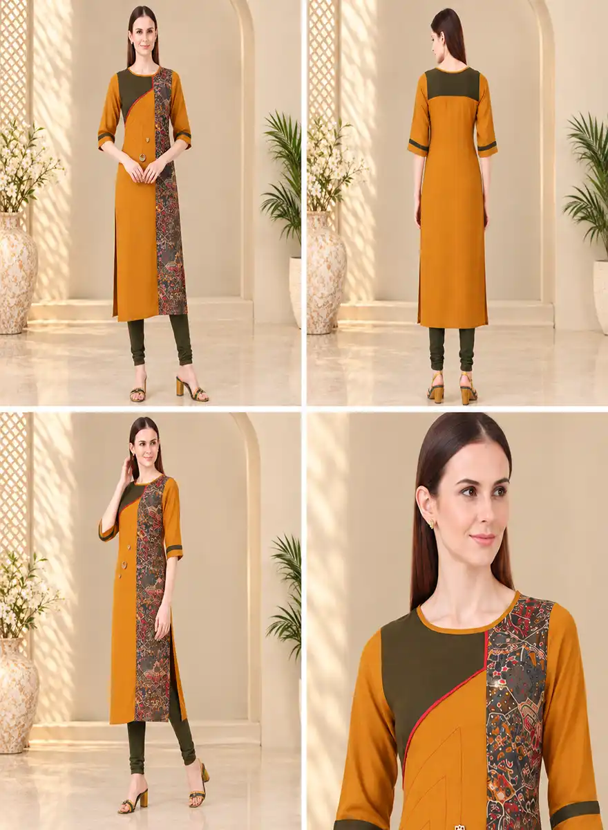 Mustard & Olive Green Printed Straight Kurti - Image 5
