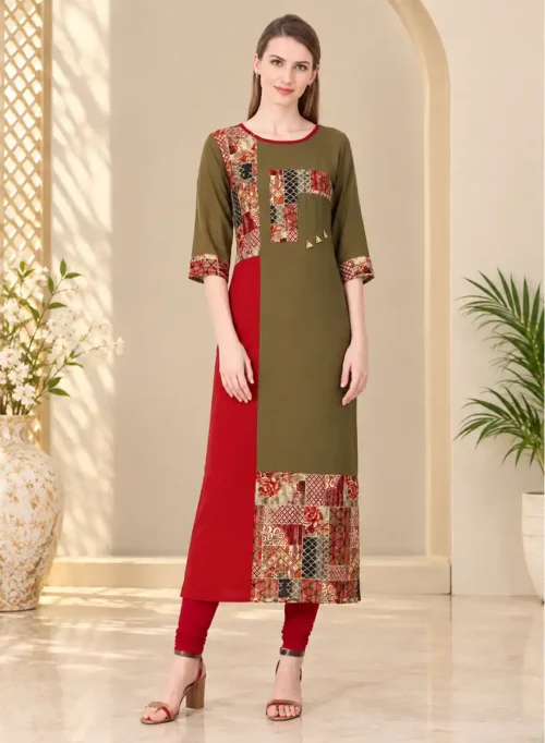 Olive Green Printed Panel Straight Kurti with Red Accents
