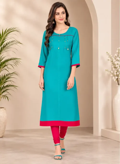 Teal Straight Kurti with Pink Border & Beaded Yoke