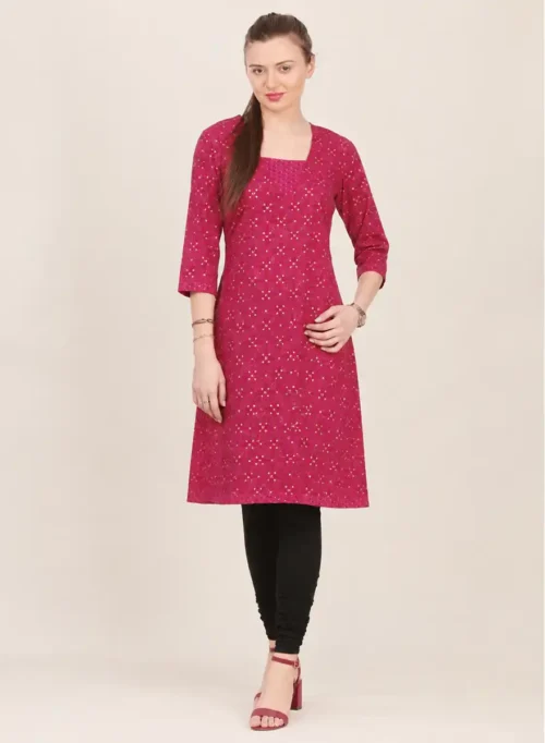 Pink Printed Straight Kurti with 3/4 Sleeves