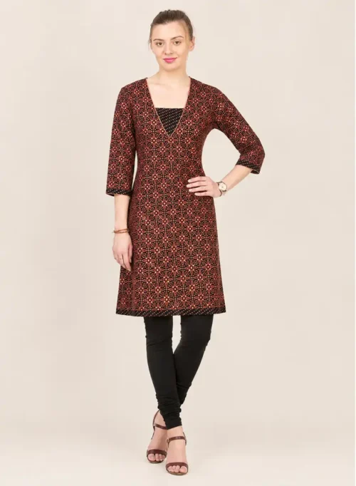 Black & Rust Printed V-Neck Straight Kurti