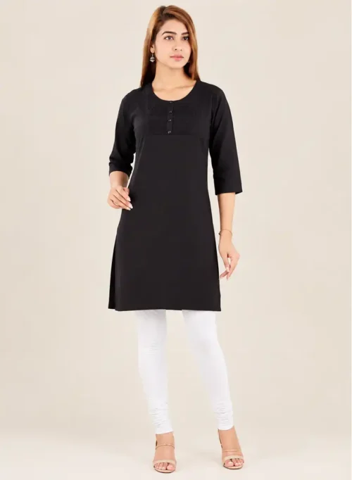 Solid Black Cotton Blend Kurti with Embroidered Yoke