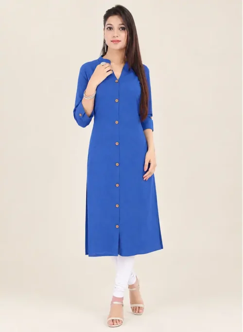 Blue Solid Straight Kurti with Mandarin Collar