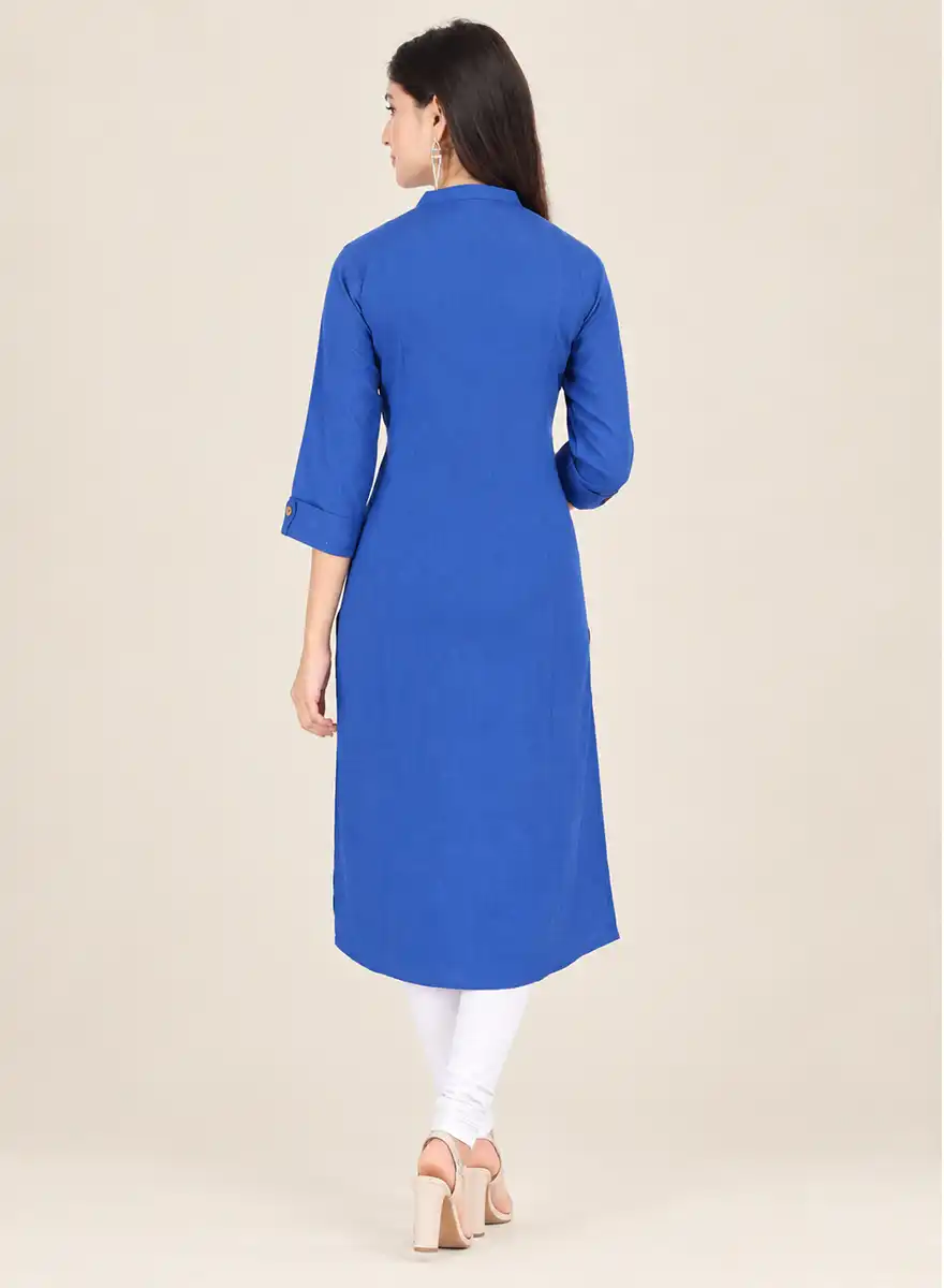 Blue Solid Straight Kurti with Mandarin Collar - Image 3