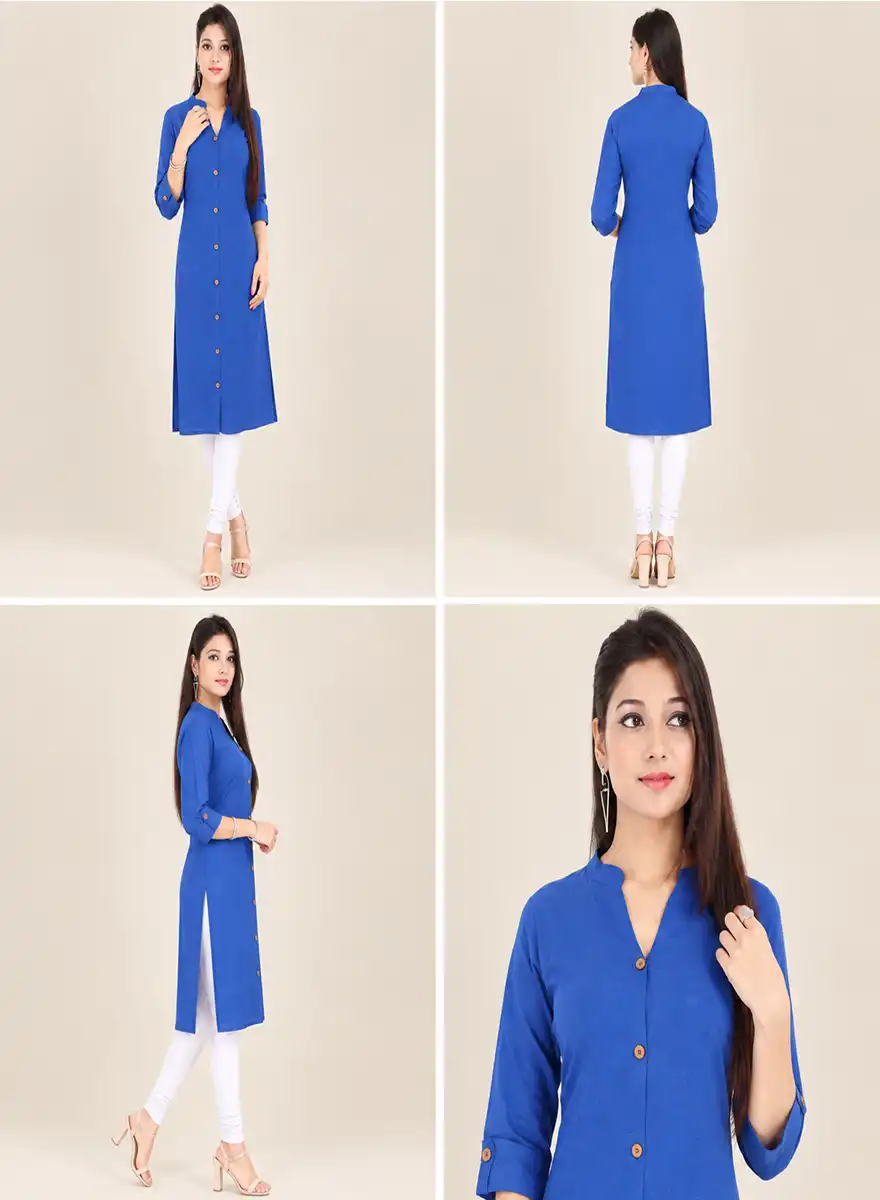 Blue Solid Straight Kurti with Mandarin Collar - Image 4