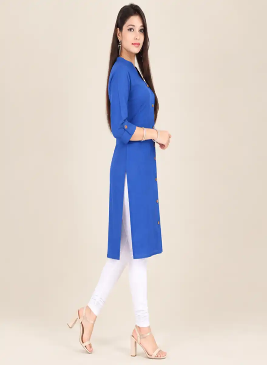 Blue Solid Straight Kurti with Mandarin Collar - Image 2