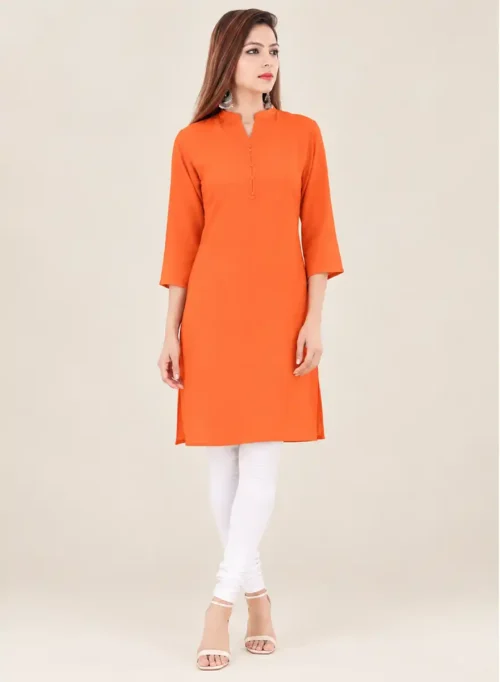 Solid Orange Straight Kurti with Mandarin Collar