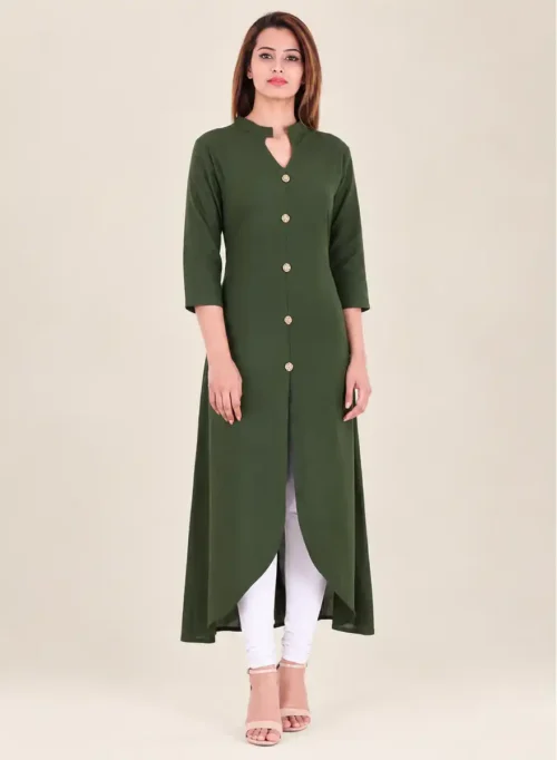 Solid Olive Green Front-Button Longline Kurti