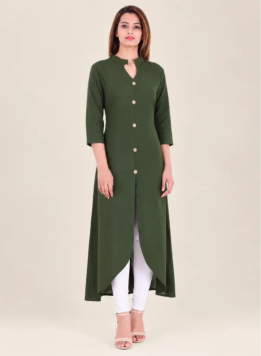 Solid Olive Green Front-Button Longline Kurti