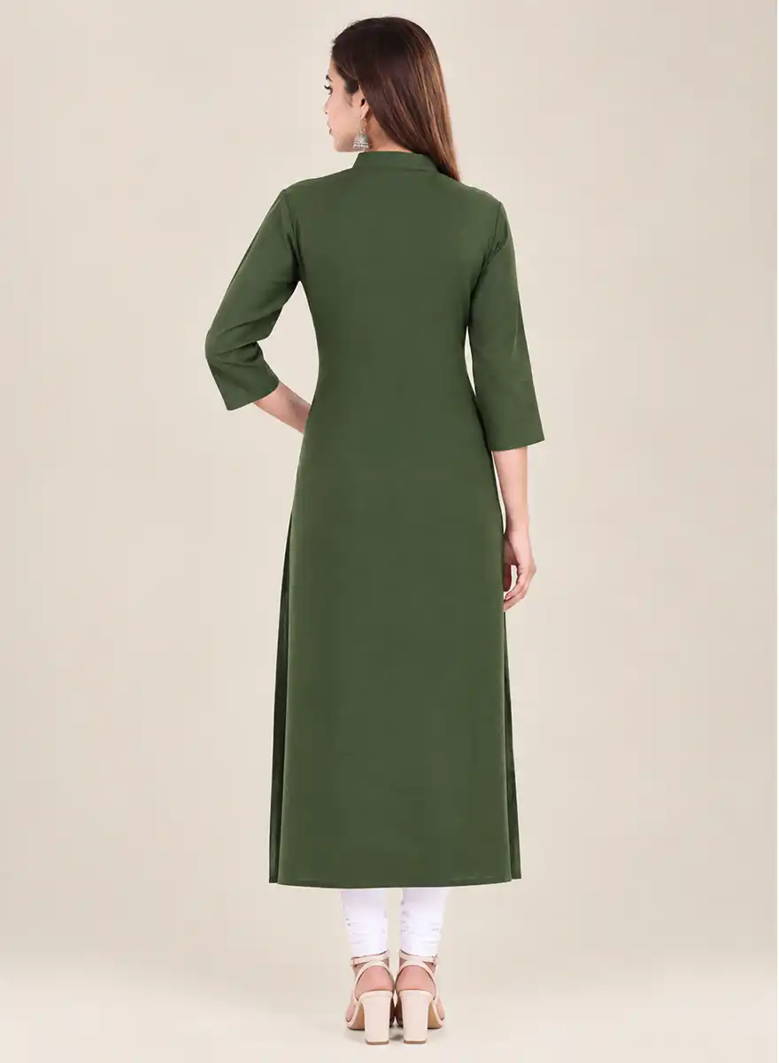Solid Olive Green Front-Button Longline Kurti - Image 3