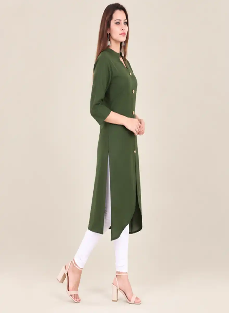 Solid Olive Green Front-Button Longline Kurti - Image 2