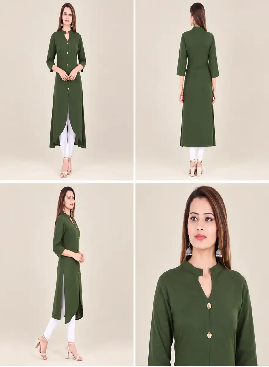 Solid Olive Green Front-Button Longline Kurti - Image 4