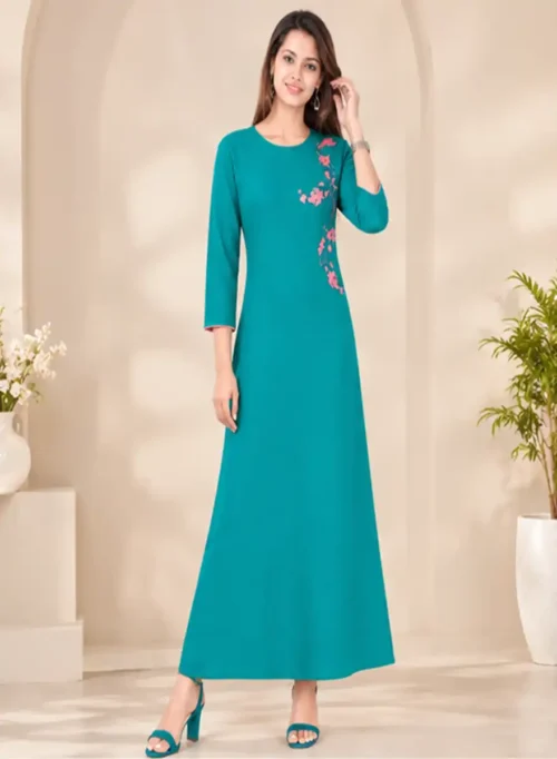 Women’s Teal Green A-Line Kurti with Pink Floral Embroidery