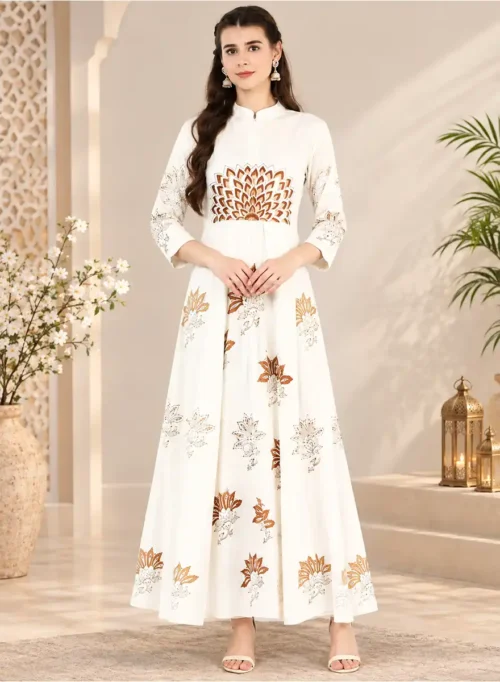 Women’s Off-White Floral Printed Anarkali Kurti