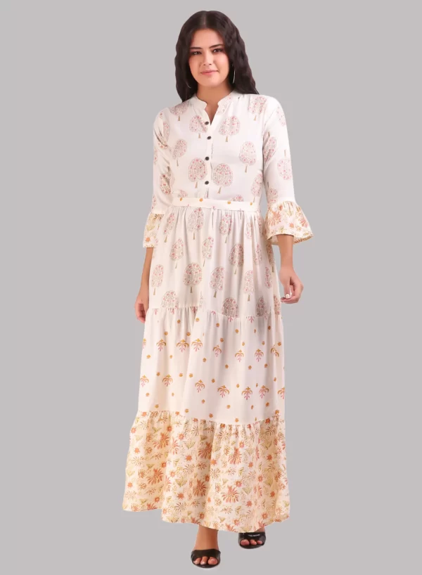 White Long Printed Gown