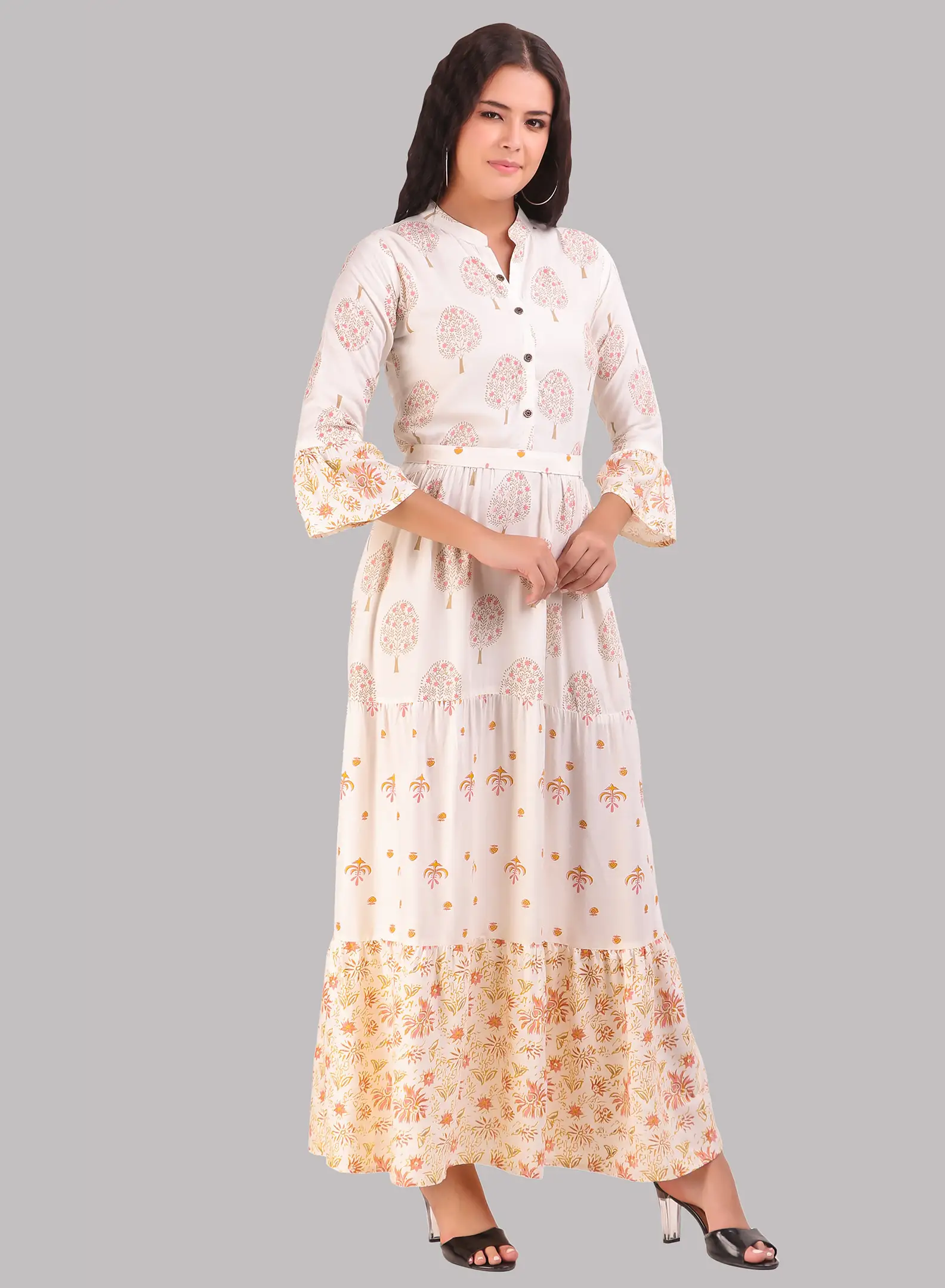 White Long Printed Gown - Image 2