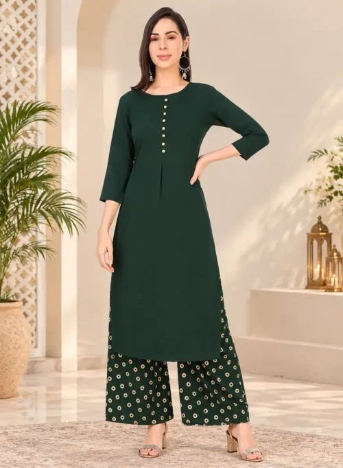 Women’s Dark Green Solid Kurti with Printed Palazzo Set