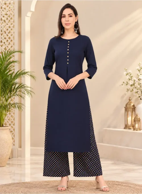 Women’s Navy Blue Solid Kurti with Printed Palazzo Set