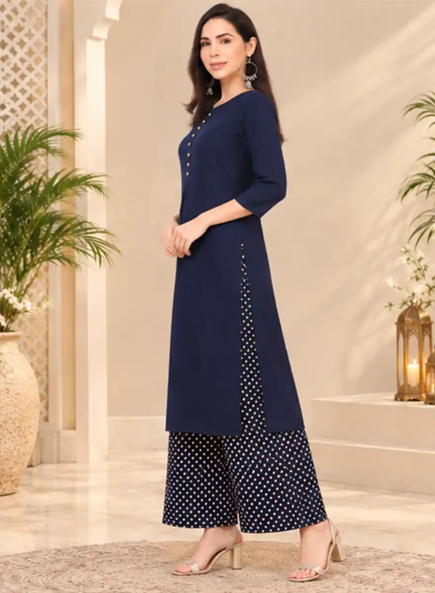 Women’s Navy Blue Solid Kurti with Printed Palazzo Set - Image 2