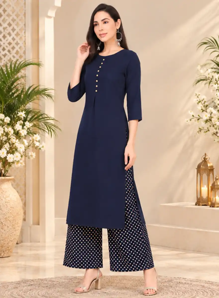 Women’s Navy Blue Solid Kurti with Printed Palazzo Set - Image 3