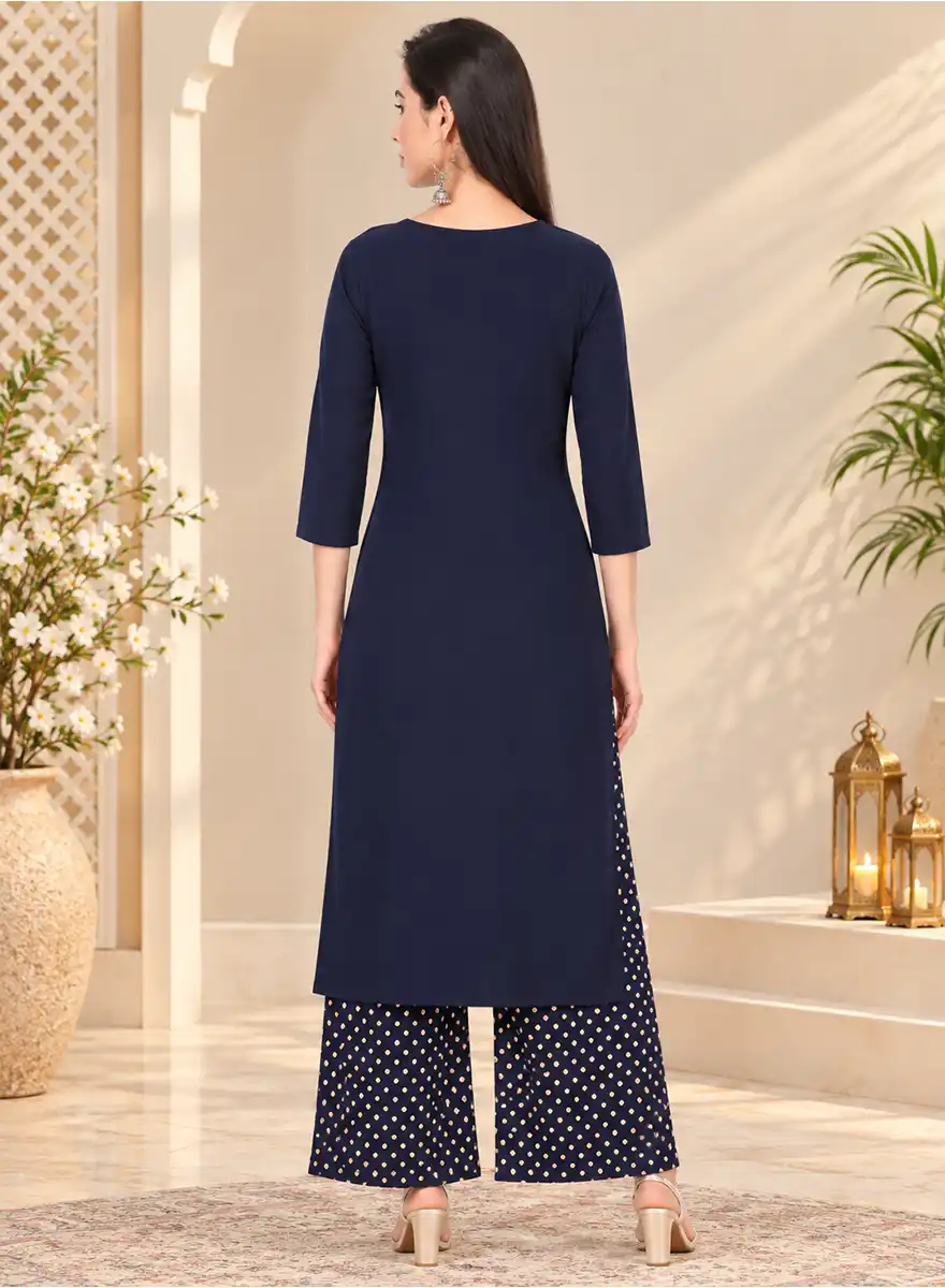 Women’s Navy Blue Solid Kurti with Printed Palazzo Set - Image 4
