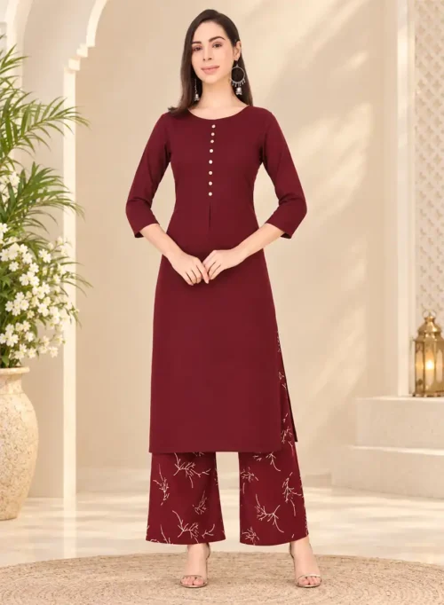 Maroon Solid Kurti with Floral Printed Palazzo Set