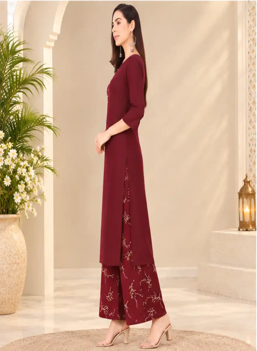 Maroon Solid Kurti with Floral Printed Palazzo Set - Image 3