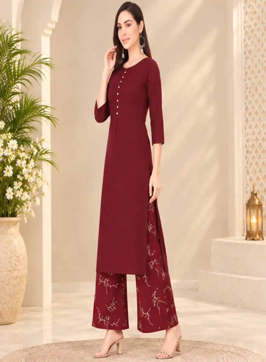 Maroon Solid Kurti with Floral Printed Palazzo Set - Image 2