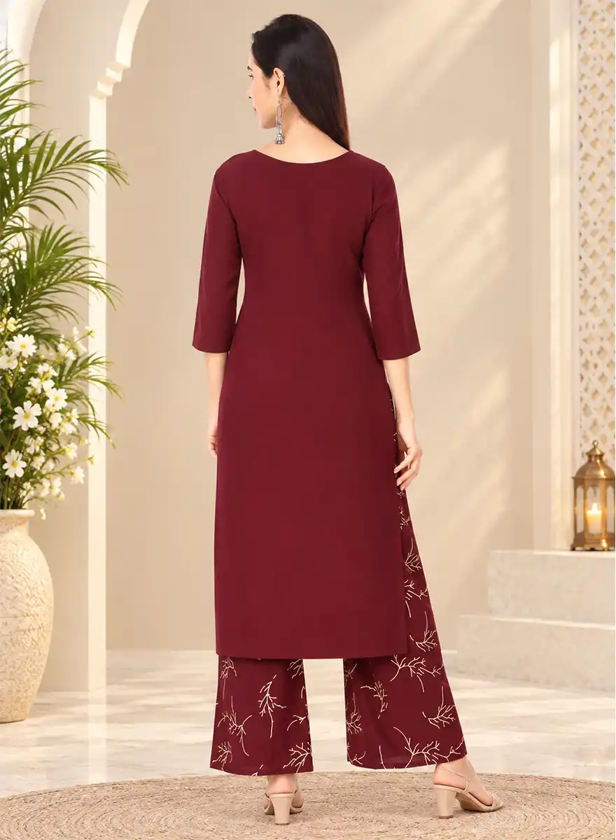 Maroon Solid Kurti with Floral Printed Palazzo Set - Image 4