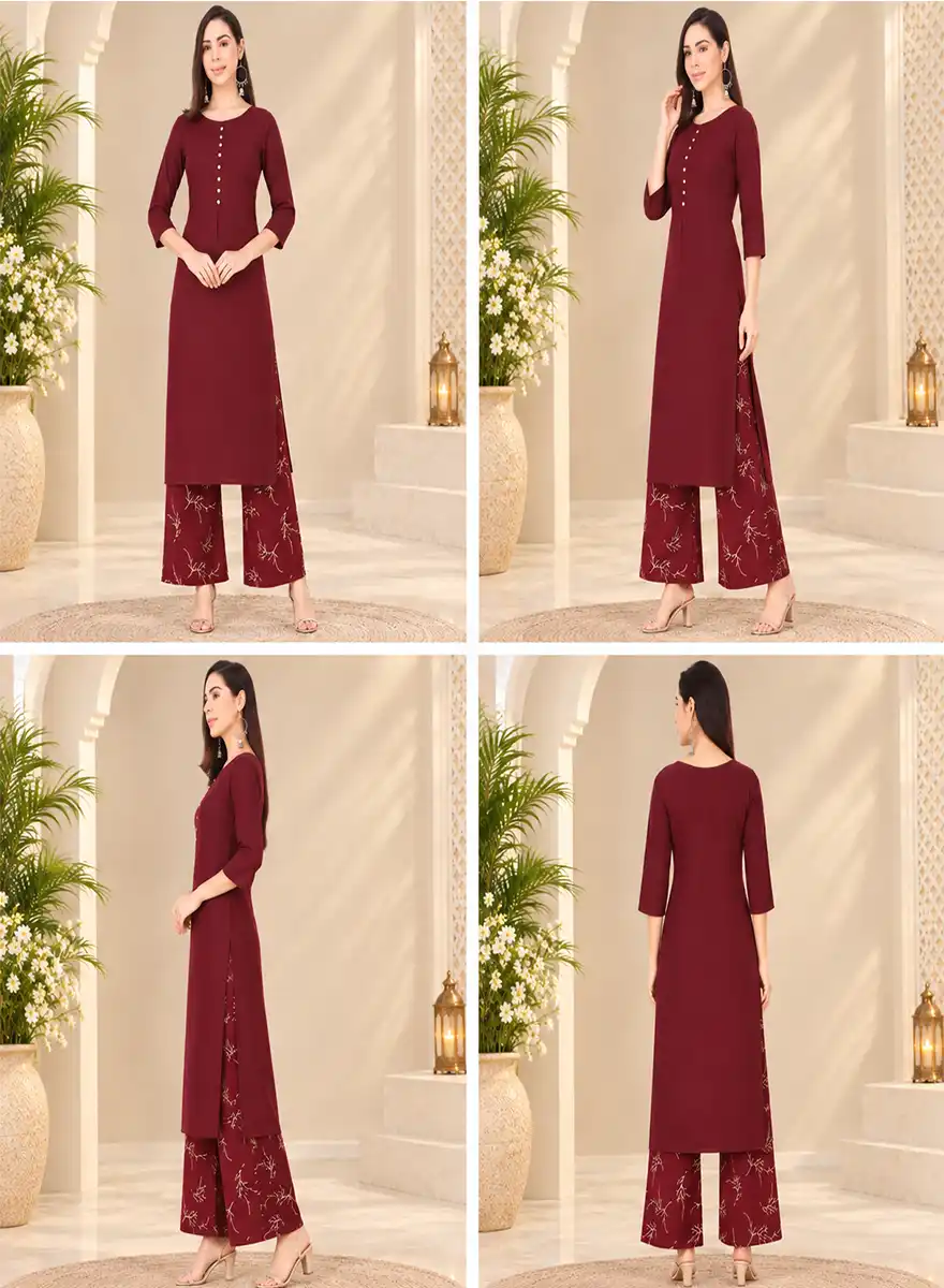 Maroon Solid Kurti with Floral Printed Palazzo Set - Image 5