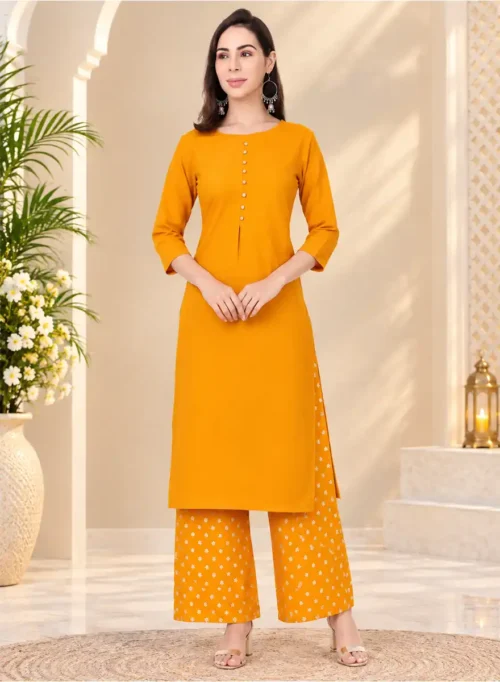 Mustard Yellow Solid Kurti with Polka Dot Palazzo Set