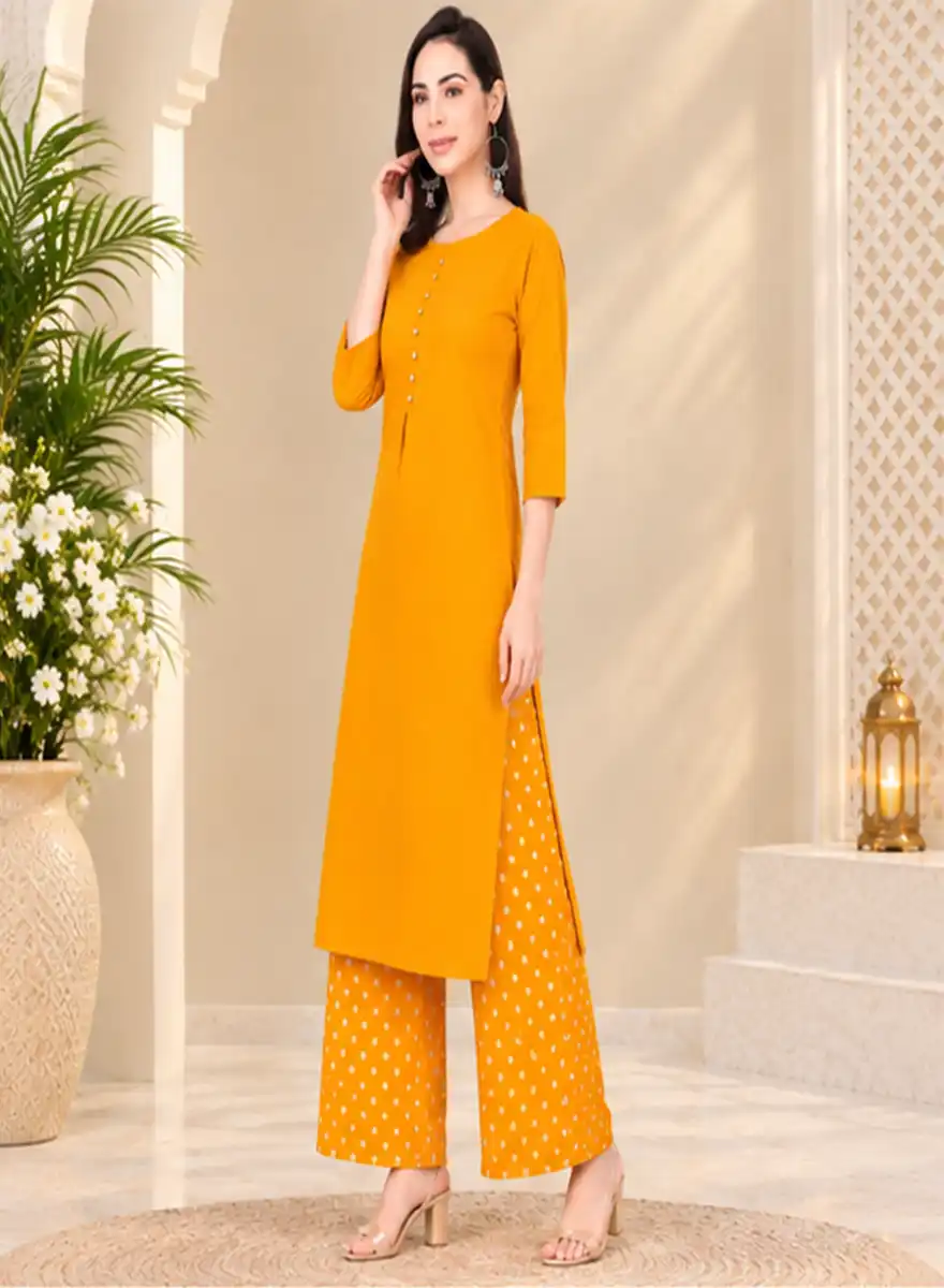 Mustard Yellow Solid Kurti with Polka Dot Palazzo Set - Image 2
