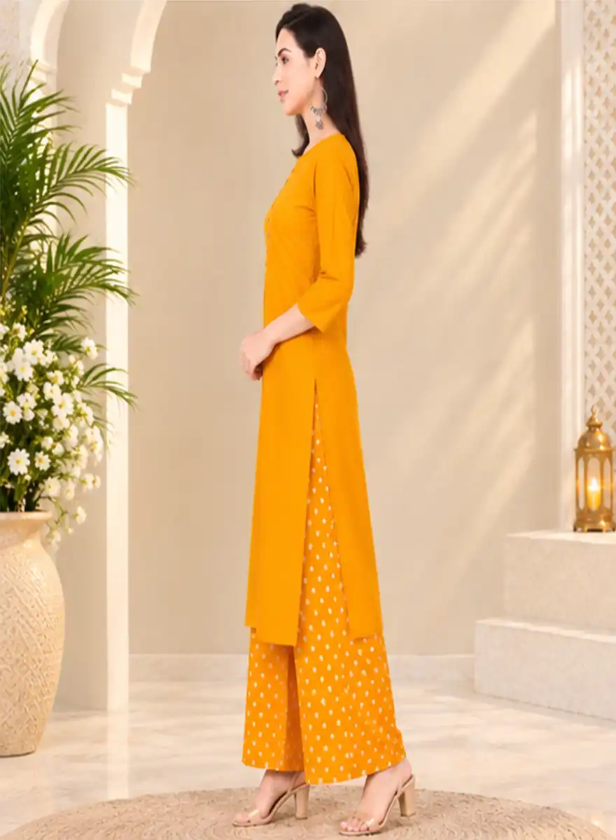 Mustard Yellow Solid Kurti with Polka Dot Palazzo Set - Image 3