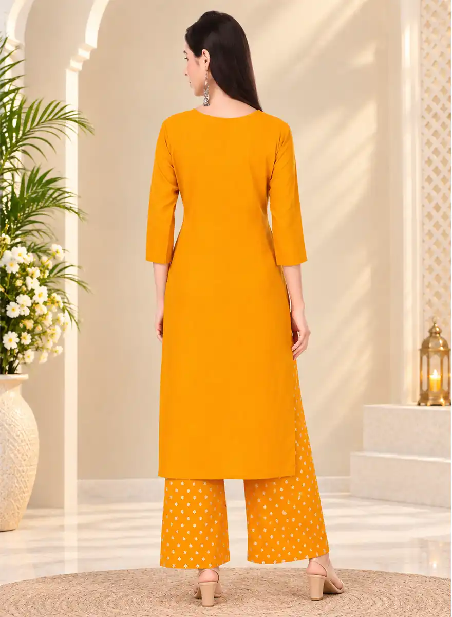 Mustard Yellow Solid Kurti with Polka Dot Palazzo Set - Image 4