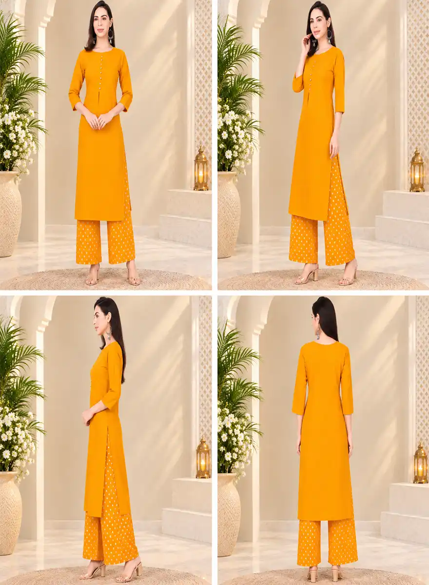 Mustard Yellow Solid Kurti with Polka Dot Palazzo Set - Image 5