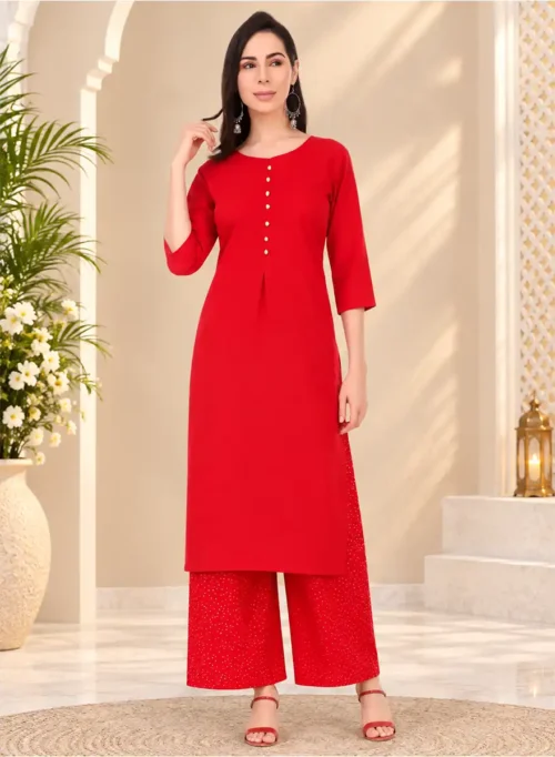 Red Solid Kurti with Printed Palazzo Set