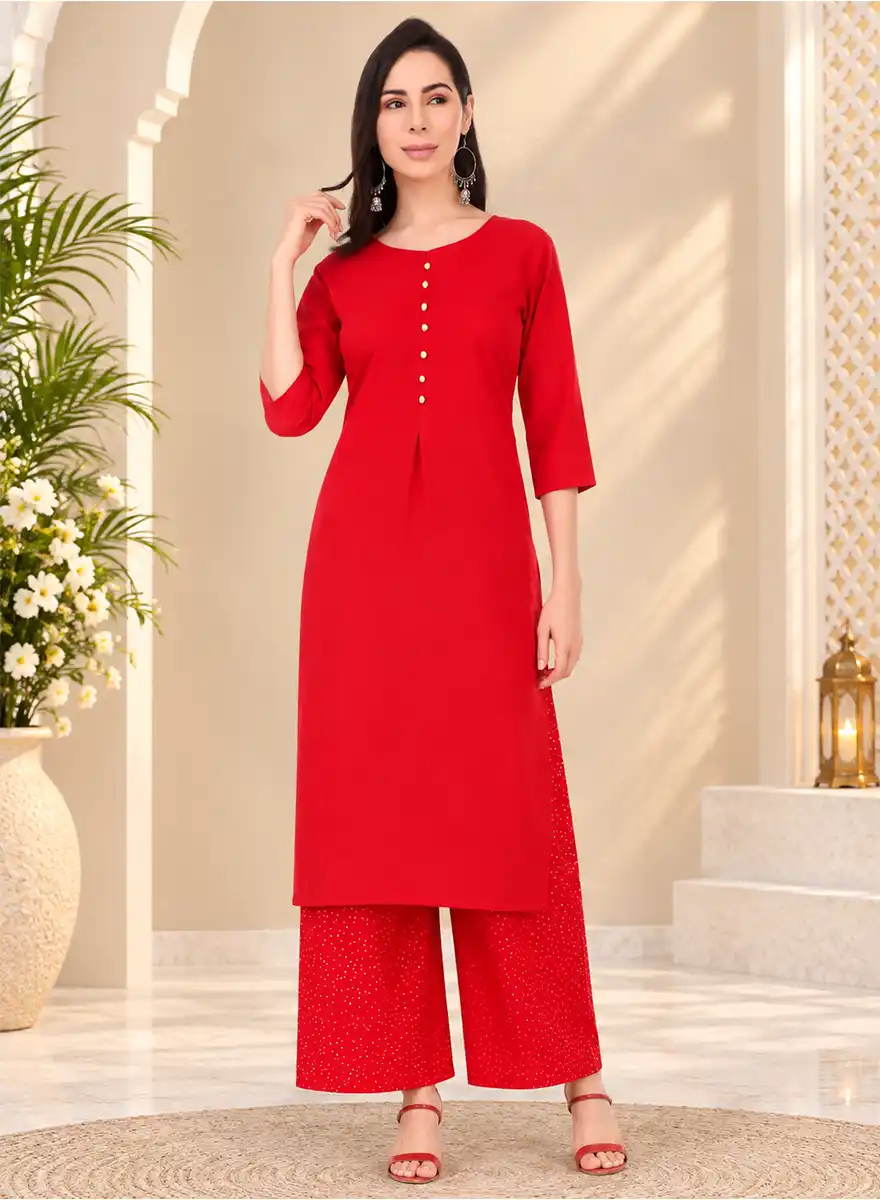 Red Solid Kurti with Printed Palazzo Set
