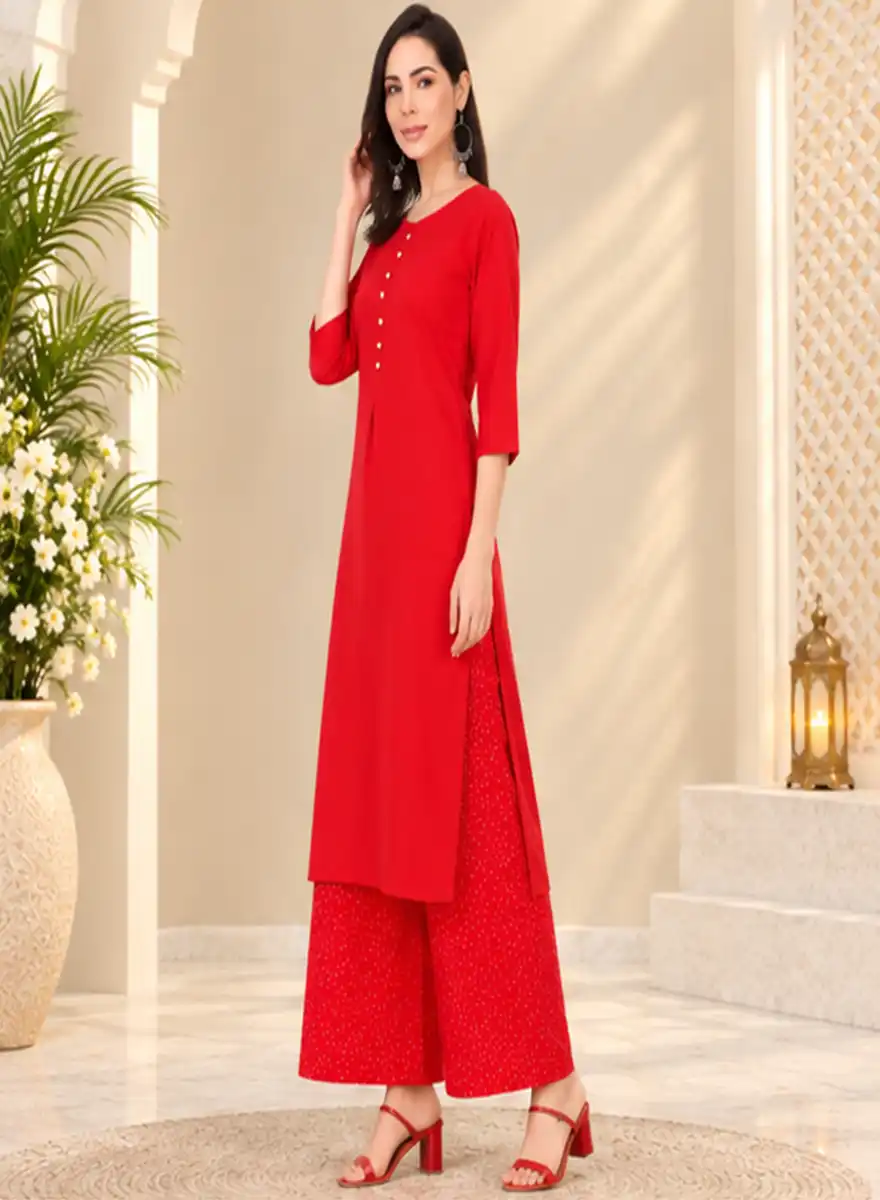 Red Solid Kurti with Printed Palazzo Set - Image 2