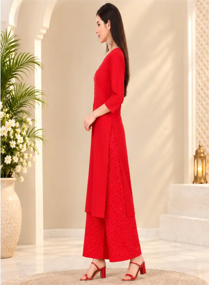 Red Solid Kurti with Printed Palazzo Set - Image 3