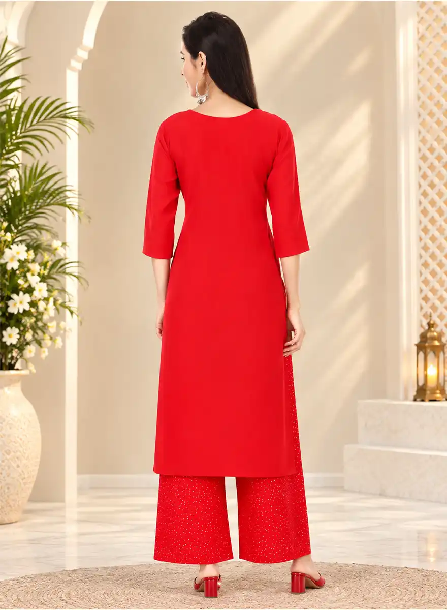 Red Solid Kurti with Printed Palazzo Set - Image 4