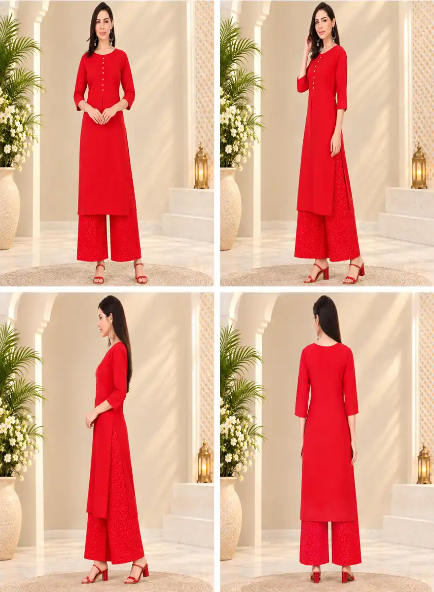 Red Solid Kurti with Printed Palazzo Set - Image 5