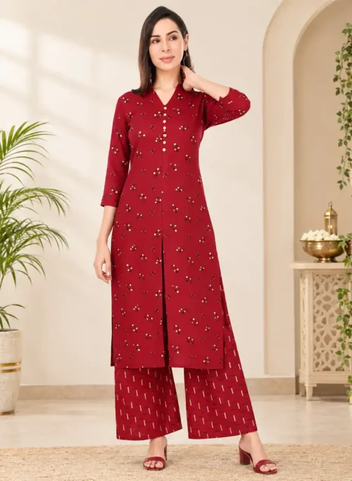 Maroon Printed Straight Kurti with Palazzo Set