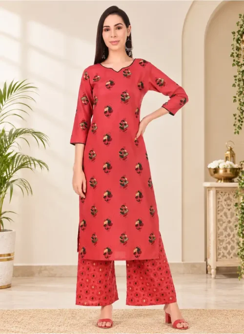 Bold Pink Floral Printed Kurti with Printed Palazzo Set