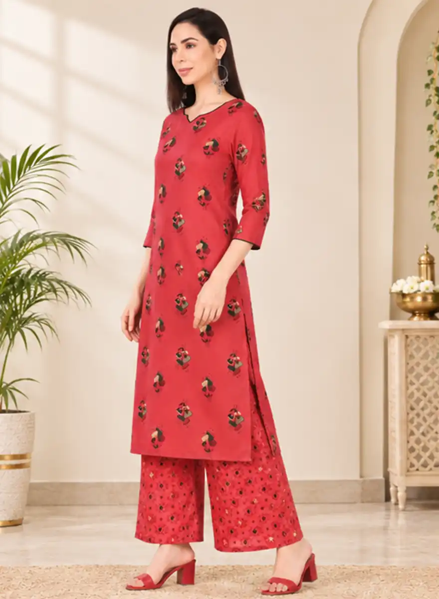 Bold Pink Floral Printed Kurti with Printed Palazzo Set - Image 2