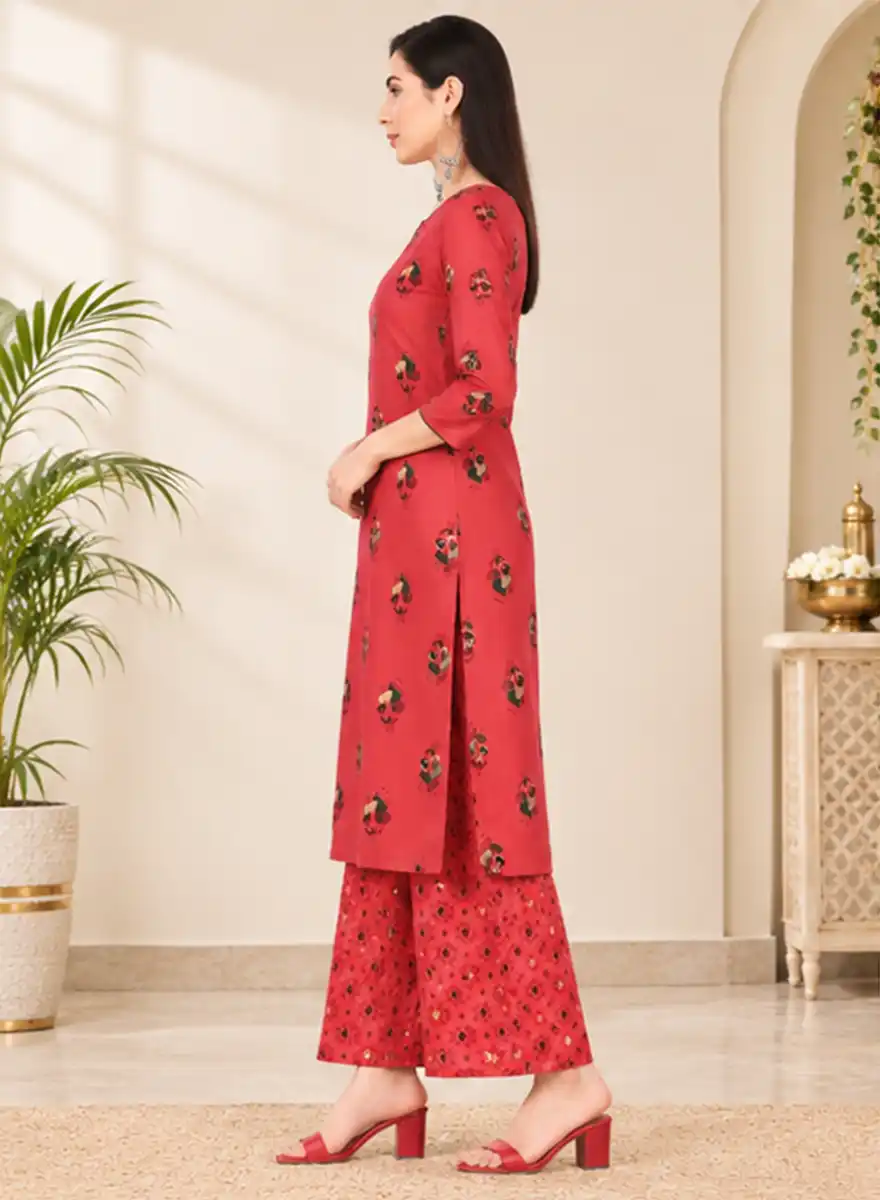 Bold Pink Floral Printed Kurti with Printed Palazzo Set - Image 3
