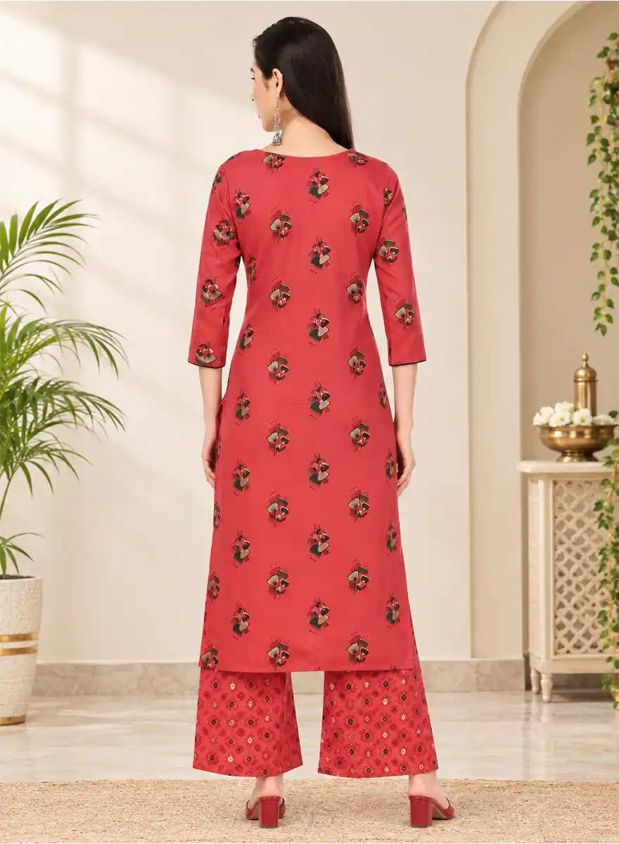 Bold Pink Floral Printed Kurti with Printed Palazzo Set - Image 4