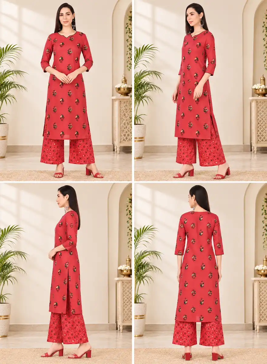 Bold Pink Floral Printed Kurti with Printed Palazzo Set - Image 5