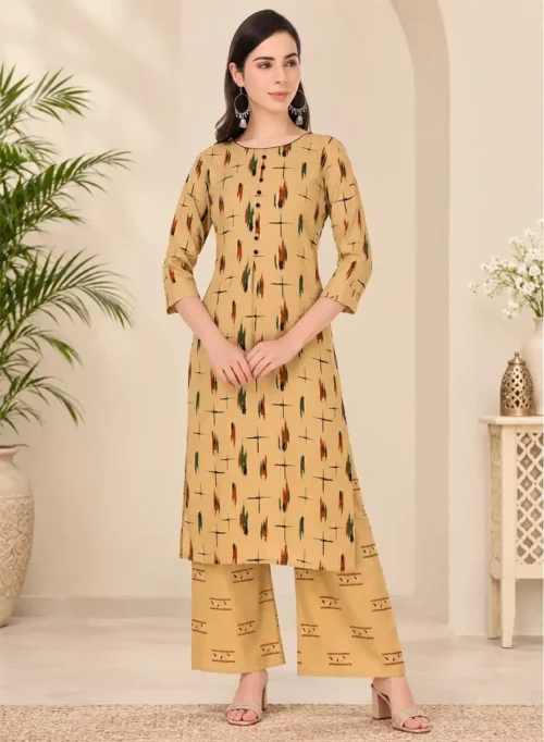 Women’s Beige Printed Kurti with Palazzo Set