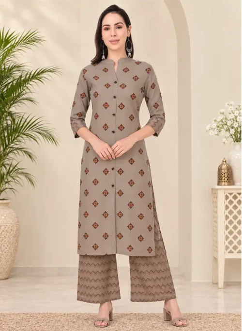 Taupe Printed Straight Kurti with Printed Palazzo Set