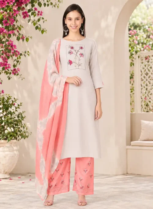 Elegant Floral Embroidered Kurti with Printed Palazzo & Dupatta Set
